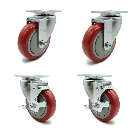 Service Caster 4 Inch Red Polyurethane Wheel Swivel Top Plate Caster Set with 2 Brakes SCC SCC-20S414-PPUB-RED-2-TLB-2